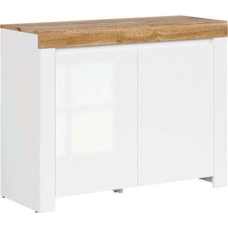 commode Meuble de rangement à 2 portes,coloris Blanc/Chêne wotan - Longueur 106 x Profondeur 42 x Hauteur 83,5 cm (1/4)
