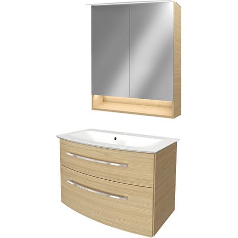 Fackelmann B.STYLE Badmöbel Set – Waschbecken mit Unterschrank und LED-Spiegelschrank in Holz braun – Waschbeckenunterschrank 80 cm hängend breit – Badezimmermöbel in Sandeiche Holzoptik"-"90176145 (1/5)