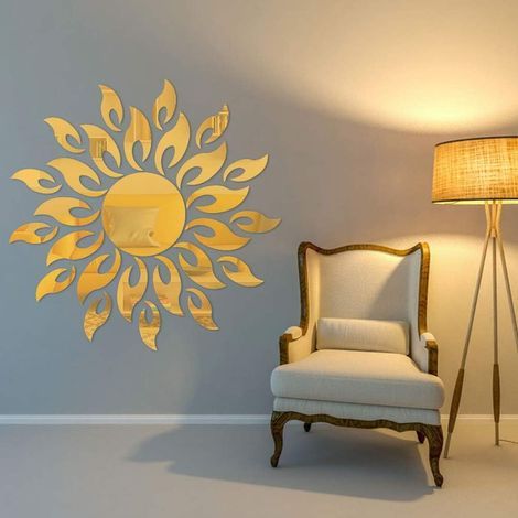 Autocollant mural miroir 3D tournesol, autocollant mural motif soleil, fleur ronde, tournesol, acrylique amovible (or) (1/4)