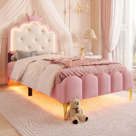 Cama infantil 90x200 cm de PU rosa, fácil de montar, sin colchón FloraGrace (1/5)
