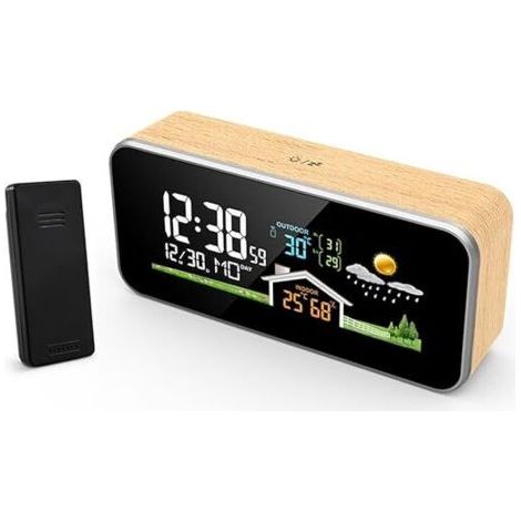 Réveil lumineux sans fil avec station météo – Écran couleur HD – Température et humidité intérieures/extérieures – Fonction snooze réglable (1/4)