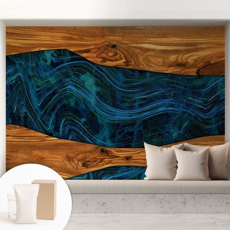 Fototapete - Tapete Vliestapete mit Kleber - Wandtapete Moderne Wandbild Schlafzimmer Wohnzimmer Blaues Holz 208x146 cm (1/5)