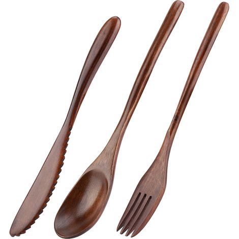 Ensemble de couverts ovales en bois à long manche (couteau, fourchette, cuillère) (1/5)