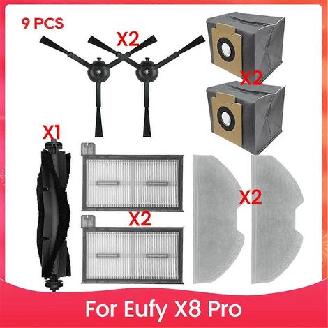 Pièces de rechange pour aspirateur robot X8 Pro : filtres de brosse latérale, lingettes de nettoyage, sac à poussière, accessoires (1/5)