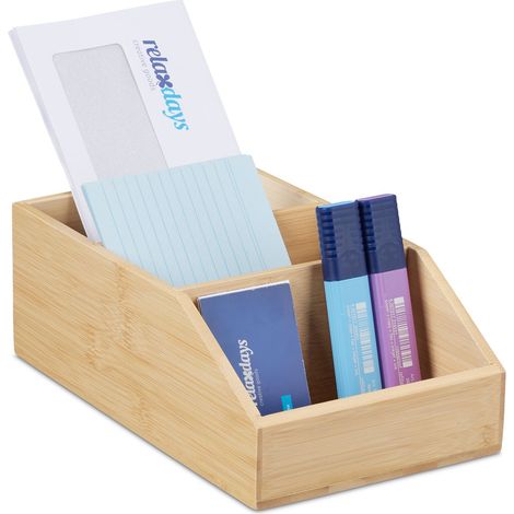 Relaxdays Schreibtisch Organizer, Bambus Ordnungssystem, 3 Fächer, H x B x T: 9 x 15,5 x 25,5 cm, Schreibtischbox, natur