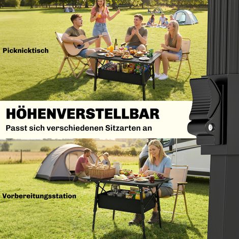 Table de camping pliable en aluminium noir avec panier de rangement, hauteur réglable, légère et pratique pour extérieur (1/4)