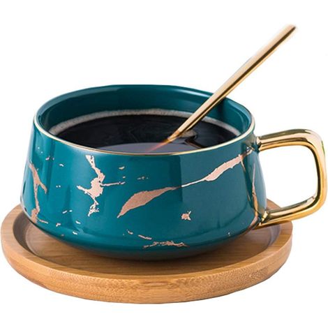 Service à thé en porcelaine (tasse et soucoupe) pour le thé de l'après-midi - Motif marbre (noir, tasse courte de 300 ml + soucoupe en bois) (1/5)