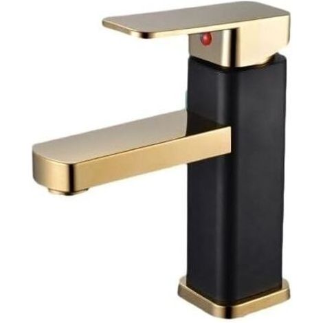 FENOPLASTICARobinet d'eau chaude et froide pour salle de bain - convient aux salles de bain, lavabos, etc. - avec tuyau d'arrivée d'eau, 1 pièce, noir et or. (1/4)