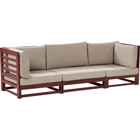 Sofá 3 plazas de madera de acacia oscura rojo oscuro cojines gris pardo Trani