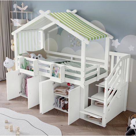 Letto a castello per bambini 90x200 cm, con scala a 3 vani e armadio, in pino e MDF, bianco e verde, senza materasso (1/5)