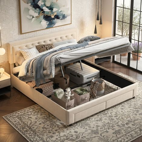 Lit coffre 180x200 avec sommier à lattes, lits hydraulique avec 2 tiroirs, lit double capitonné avec espace de rangement caché, lits 2 personnes, sans matelas, velours, beige (1/5)