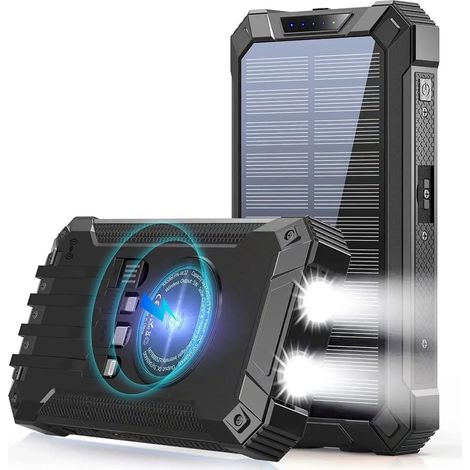 10000mAh multifonctionnel batterie d'énergie solaire puissance Mobile batterie de charge rapide avec 4 câbles chargeur sans fil lampe de poche LED (Noir) (1/5)