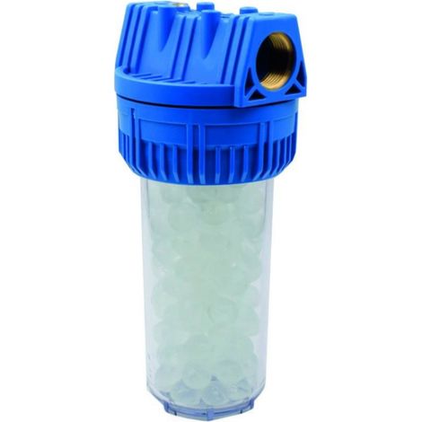 Filtro dosificador de polifosfatos esféricos de 3/4" y 7" de altura, con recipiente de policarbonato transparente, 8 bar, 50 °C (1/5)
