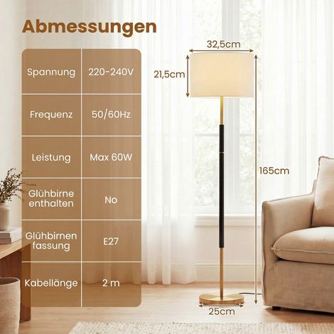 Floor Lamp 165 cm, Linen Shade, E27, Foot Switch (1/5)