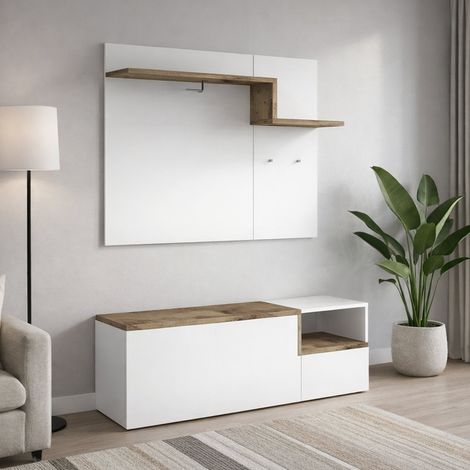 Dmora - Muebles de entrada Dpace, Entrada multifunción moderna, Mueble multiusos para atrio, 100% Made in Italy, cm 120x40h54, Blanco brillo y Arce (1/4)