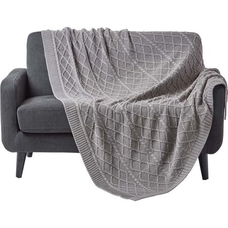 HOMESCAPES Grey Diamond Cable Knit Cotton Throw, 130 x 170 cm