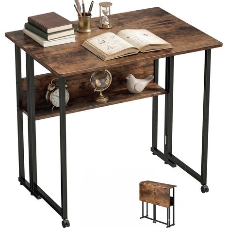 Klappbarer Schreibtisch mit Ablagefach, 80 cm Klapptisch für kleine Räume, Büro, Rustikales Braun (1/5)