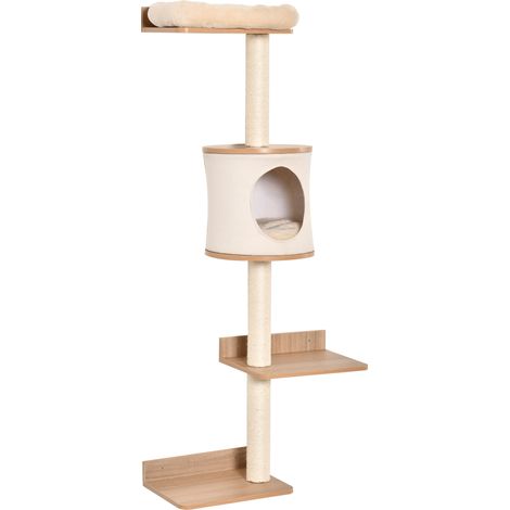 Arbre à chat mural 38 x 30 x 149 cm avec plusieurs plateformes en bois, grotte, couchage supérieur, coussin amovible, poteaux à griffer en sisal, tour d'escalade, beige et chêne (1/5)