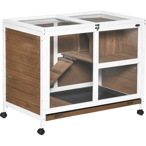 Conigliera su ruote, piccola gabbia per animali in legno massello, 2 livelli, tetto apribile, 91,5 x 53,3 x 73 cm, marrone