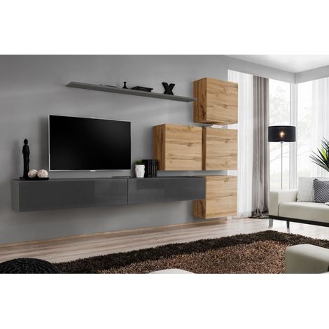 Ensemble mural - Switch IX - 4 vitrines carrées - 2 bancs TV - 1 étagère - Bois et graphite - Modèle 2 - Livraison gratuite