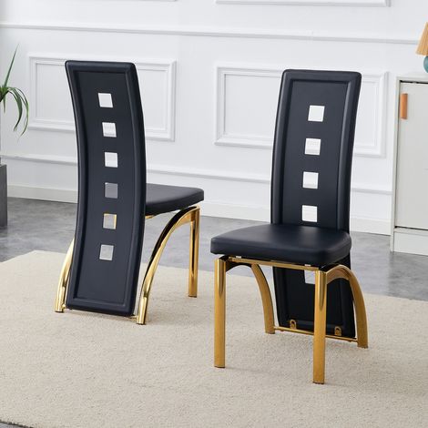 Lot de 2 chaises de salle à manger style européen, similicuir noir perforé, pieds métal doré, design moderne pour salon et cuisine 43x43x102,5 cm (1/5)