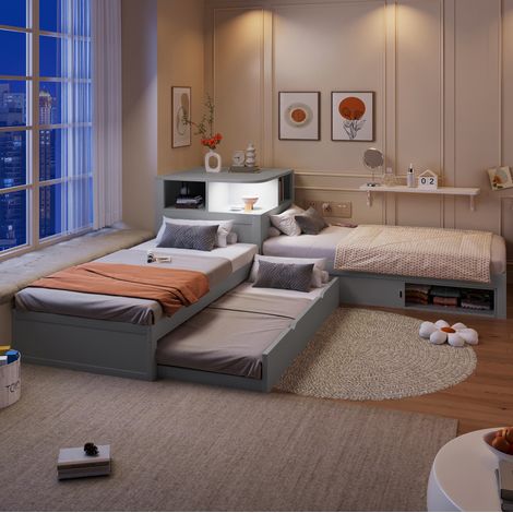 Cama nido 90x200 cm en madera gris con cama auxiliar extraíble, almacenaje con puertas correderas y LED (1/5)
