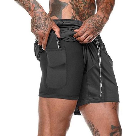 2-in-1-Sportshorts für Herren zum Laufen, Fitness, für Hüften, leicht, für Fitnessstudio, Yoga, Trainingsbekleidung, mit Gürtel, Schwarz
