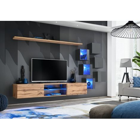 Ensemble meuble TV mural Switch XXI - L 240 x P 40 x H 120 cm - Marron et noir - Livraison gratuite
