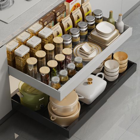 Organisateur d'armoire extensible avec tiroir télescopique (noir), tiroir pour cuisine, salle de bain et plus encore, systèmes de rangement de placard de cuisine, tiroir extensible (1/5)