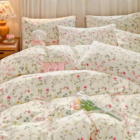 Housse de Couette 220x240 Rose Fleurs et Vert Feuilles Coton Floral Beige Parure de lit Adulte 2 Personnes Parure Housse Couette avec Fermeture éclair et 2 Taies d'oreiller 65x65 (1/5)