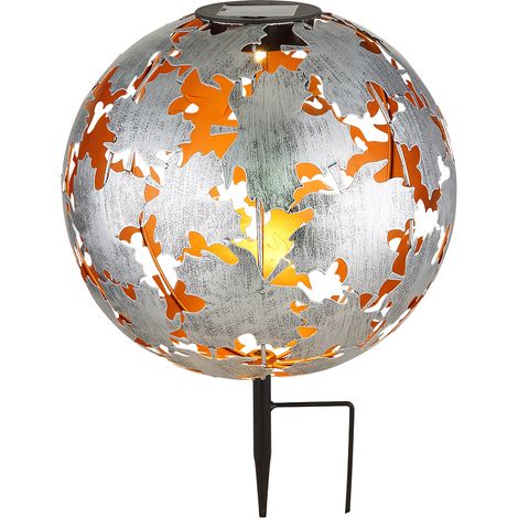 Solarleuchte silber Solarkugel Außenlampe Gartendeko Erdspieß Solarlampe, Ahornblätter, warmweiß, DxH 27 x 37 cm