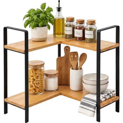 Relaxdays Worktop Shelf, 2 Tiers, HxWxD: 33 x 30 x 30 cm, Small Corner Shelf, Kitchen & Bathroom, Bamboo, natural/black (1/5)