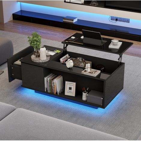 Tavolino da caffè alzabile 100 x 50 x 40 cm con vano nascosto, cassetto e LED nero HAVRYA (1/5)