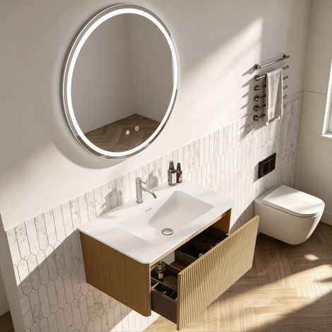 Conjunto de muebles de baño con espejo, mueble de lavabo de 80 cm con armario bajo, armario de baño suspendido, premontado, armario rayado con un cajón, acabado en roble, espejo redondo LED de 80 cm (1/5)