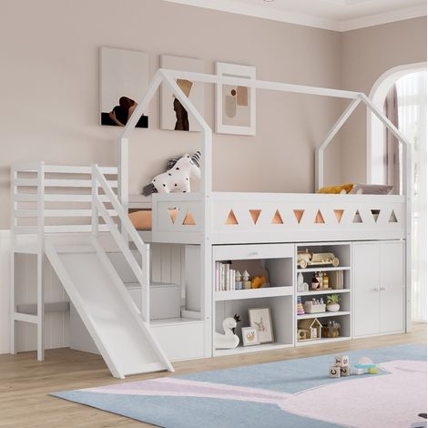 Cama infantil multifuncional de madera maciza blanca 90x200 cm con tobogán, escalera, cajones, armario y somier de láminas