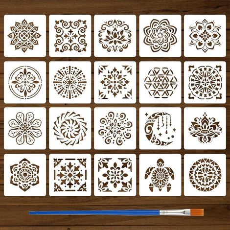 20 Pièces Pochoirs Mandala avec un Pinceau 10x10cm Gabarits de Dessin de Lotus Mandala Pochoir de Peinture Lune Florale Pochoir PET Réutilisable pour Peinture sur Bois Mur Toile Tissu (1/5)
