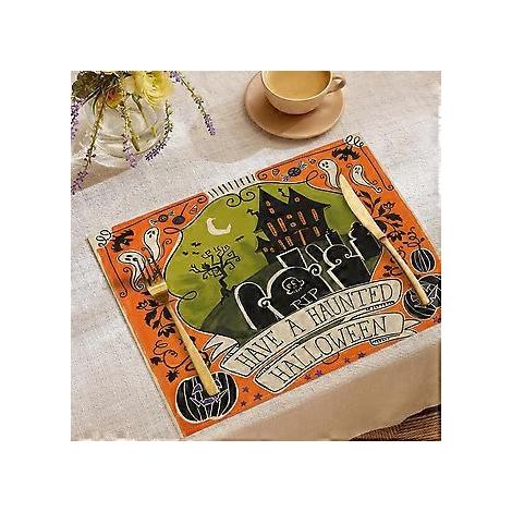 Sets de table en lin pour Halloween, série Trick Or Treat, sets de table combinés, décoration de table pour restaurants, dessous de plat isolants (YMCD-3) (1/2)