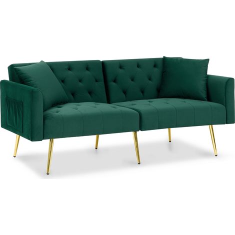 Sofá de 2 plazas de terciopelo verde con respaldo reclinable de 3 posiciones y patas metálicas (1/5)