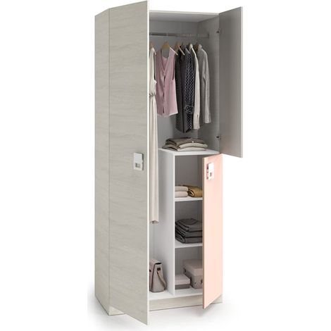 Pegane – Armoire enfant 2 portes blanc alpes / rose – Dimensions 90x200x52 cm – Aménagement intérieur avec barre de suspension et étagères (1/4)