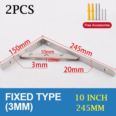 (Fixe 3 mm - 25 cm) 2 supports triangulaires en acier inoxydable pour étagère murale, support robuste, fixation murale, banc, table, étagère - quincaillerie (1/5)