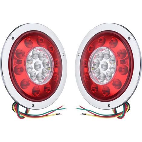Set of 2 Round 19 LED Tail Lights, Brake Lights, Amber Red Position Lights for Truck, Trailer, Lugger, Turn Signal, Brake Light 10-30V (Silver) (1/4)