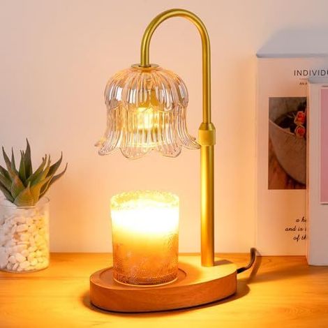 Lampe Parfumante Cire Senteuse Moderne Tige Dorée + Base Bois Naturel - Rétrogradable avec Minuteur Prise Européenne