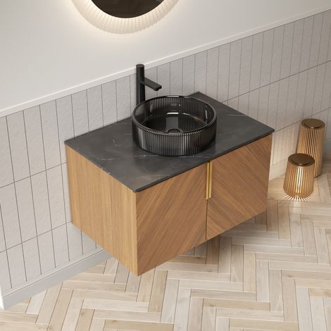 Mobile lavabo sospeso con lavabo rotondo in vetro nero, piano in pietra sinterizzata, rovere marrone (1/5)