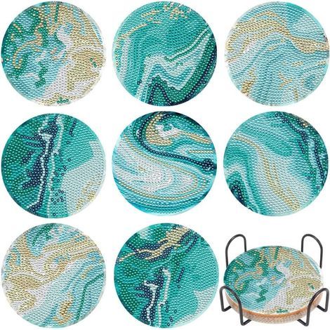 Posavasos redondos, para armar uno mismo, con soporte, reutilizables, con diseño de pintura de diamantes con motivos marinos, ideales para la oficina. (1/4)