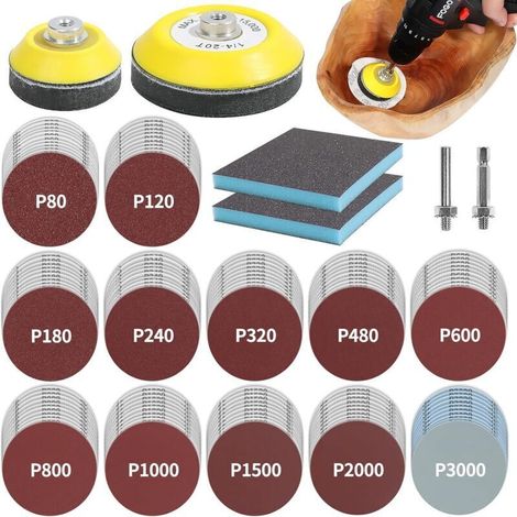 Pomare 120 Pièces Disques de Ponçage,Pad de 50mm 75mm avec papier a poncer à fixation,80 120 180 240 320 480 600 800 1000 1200 1500 3000 pour voiture, métal et bois