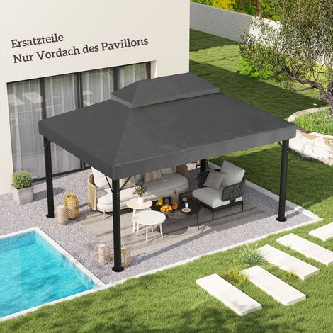 Toit de remplacement kiosque 3 x 4m gris foncé double étanche, tissu Oxford 370g / m², pièce détachée résistante aux intempéries