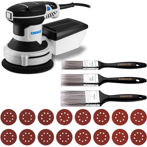 Ponceuse Excentrique 300W - Ponceuse Electrique 125mm, 6 Vitesses, 14000RPM, Papier Abrasif 16 Pièces, Collecteur de Poussière, Trois Pinceau Plats, pour Surfaces en Bois et Acier, Bleu-gris (1/5)