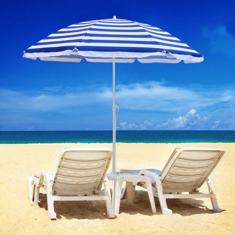 Patio Garden Beach Parasol Sunshade Sun Umbrella Outdoor Tilting Folding Blue-White 160cm