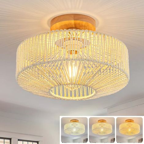 Plafonnier en bois et rotin, luminaire tricolore, suspension LED, applique murale semi-encastrée, convient pour le salon et la salle à manger. (1/5)