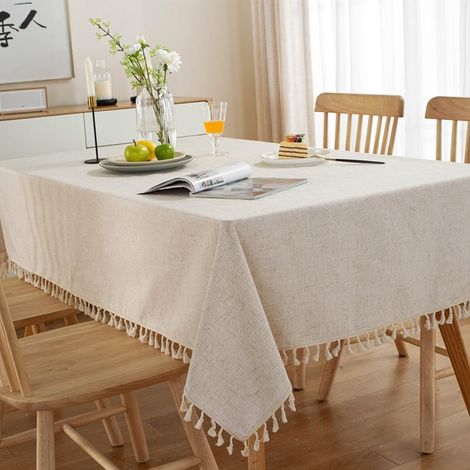 Nappe Lavable Rectangulaire 130x180cm, Nappe Lin Anti Tache Couleur Unie avec Pompons Nappe Table Exterieur (1/5)